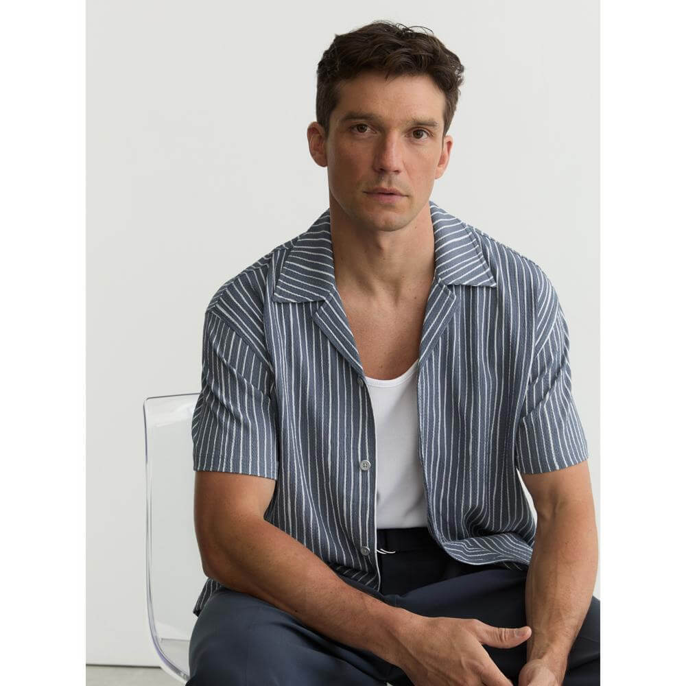 REISS Max Textured Stripe Cuban-Collar Shirt
